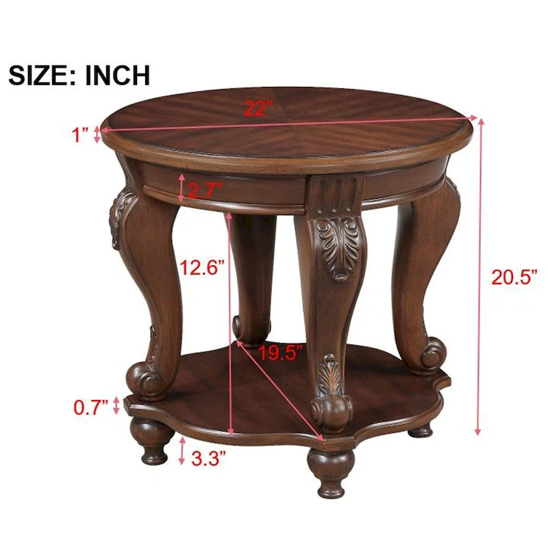 22 Retro Round End Table,Solid Wood Sofa Side Table with Shelf,Living Room Corner Table Easy Assemble