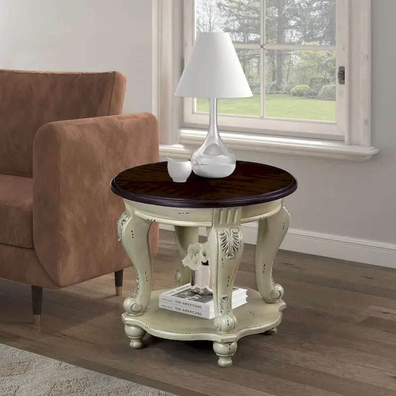 22 Retro Round End Table,Solid Wood Sofa Side Table with Shelf,Living Room Corner Table Easy Assemble
