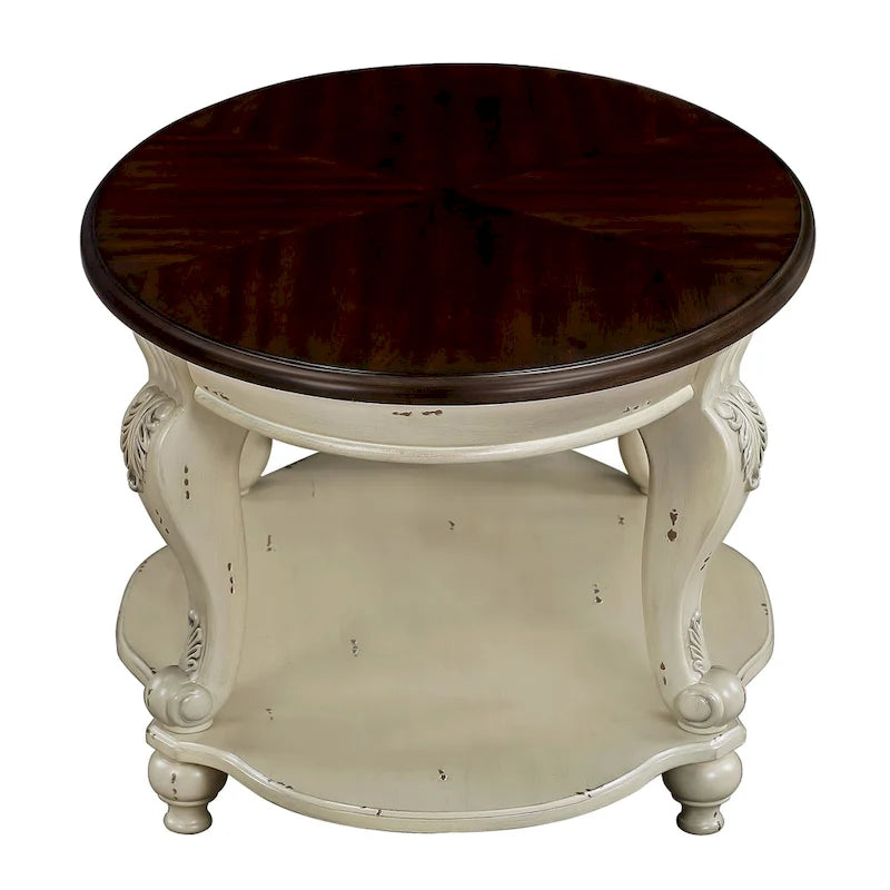 22 Retro Round End Table,Solid Wood Sofa Side Table with Shelf,Living Room Corner Table Easy Assemble