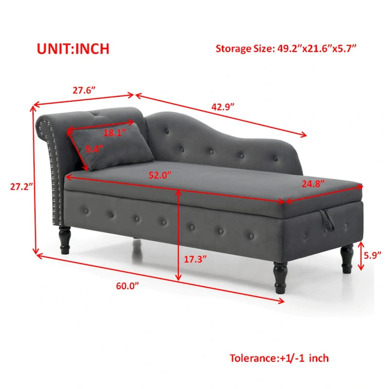 Grey Modern 60 Velvet Upholstered Buttons Tufted Chaise Lounge Chair with Solid Wood Legs and Storage