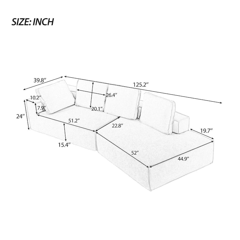 Grey 125 Modern 4-Seat Chaise Lounge Sofa for Living Room Relaxation, Indoor Sleeper