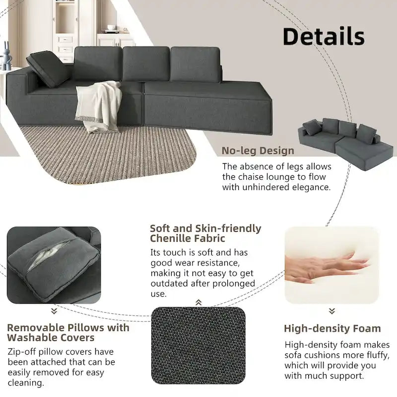Grey 125 Modern 4-Seat Chaise Lounge Sofa for Living Room Relaxation, Indoor Sleeper