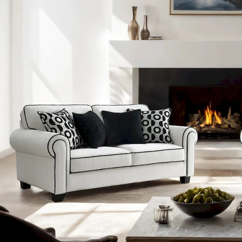 Modern White Loveseat with Accent Pillows