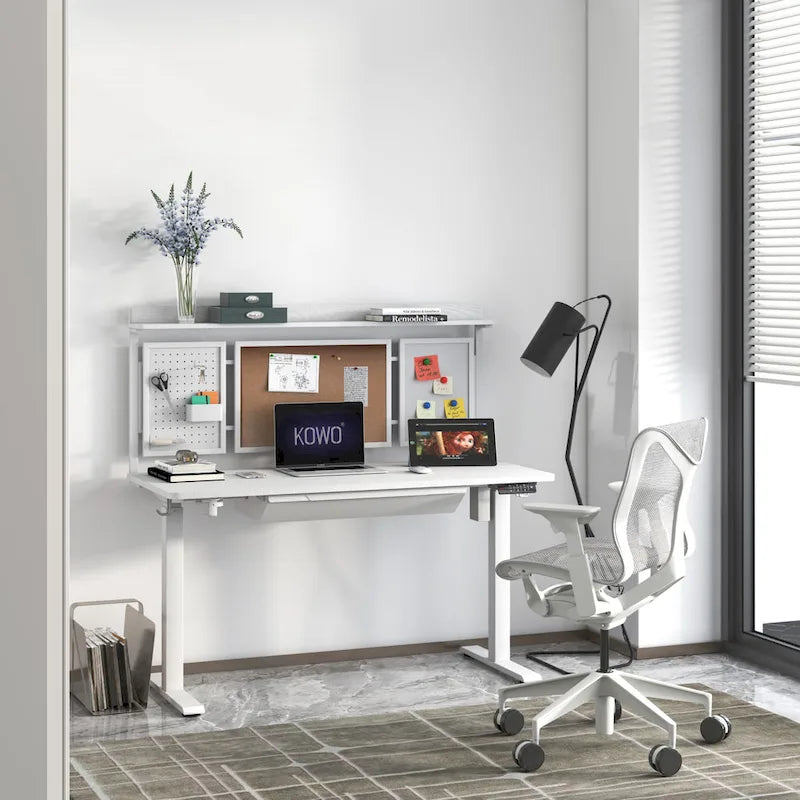 55 White Electric Standing Desk w/Drawer & Backboard Height Adjustable Sit Stand Workstation for Home Office