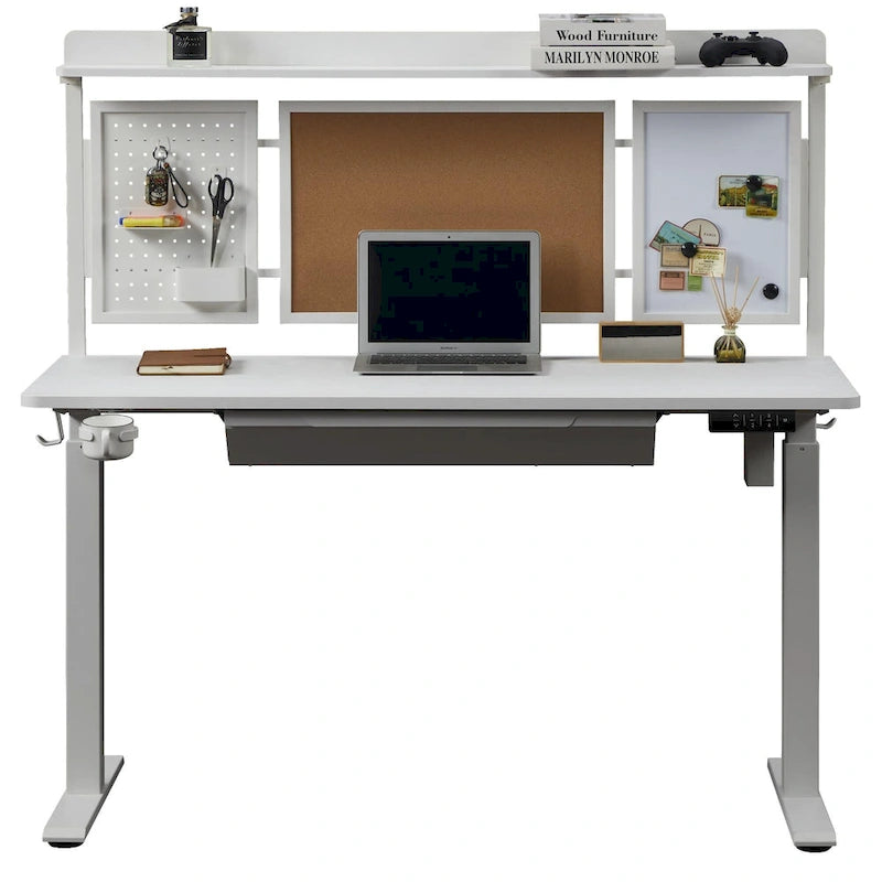 55 White Electric Standing Desk w/Drawer & Backboard Height Adjustable Sit Stand Workstation for Home Office