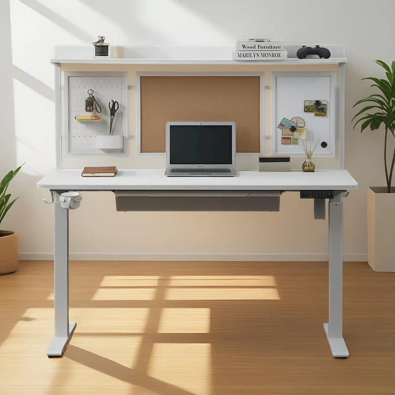 55 White Electric Standing Desk w/Drawer & Backboard Height Adjustable Sit Stand Workstation for Home Office