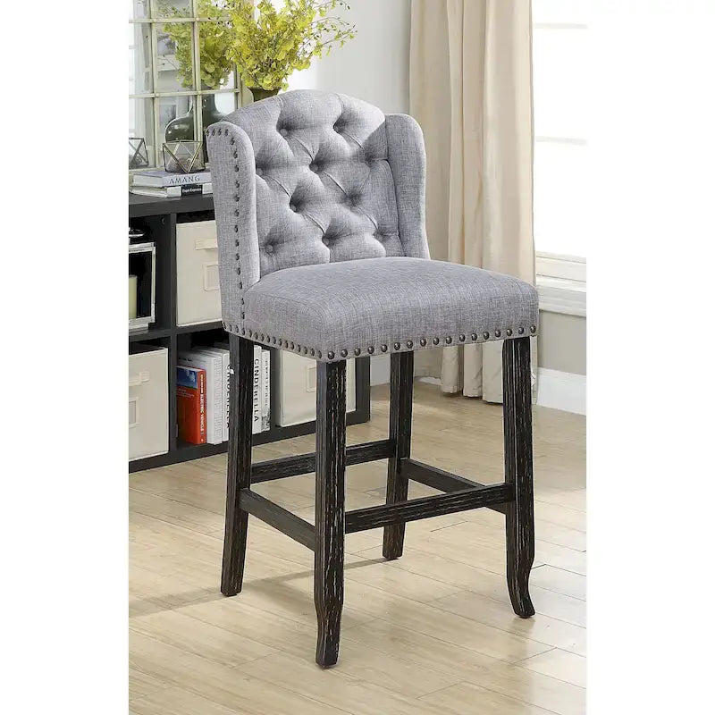 Rustic Linen Tufted Bar Height Chairs (Set of 2) by