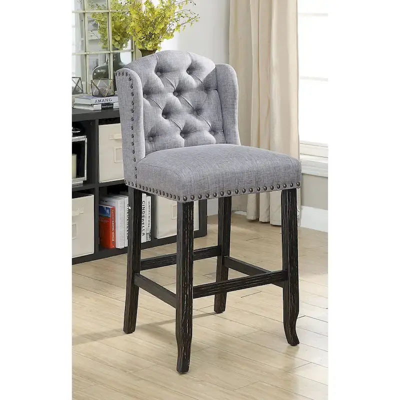 Rustic Linen Tufted Bar Height Chairs (Set of 2) by