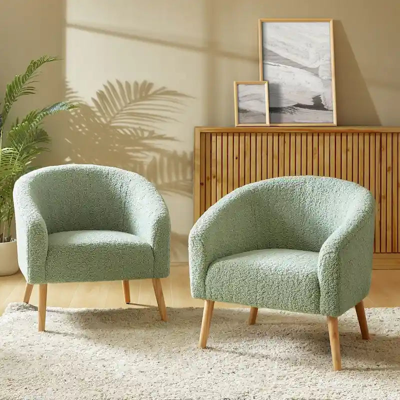 Modern 30W Boucle Armchair with Solid Wood Legs Set of 2