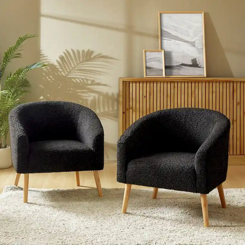 Modern 30W Boucle Armchair with Solid Wood Legs Set of 2