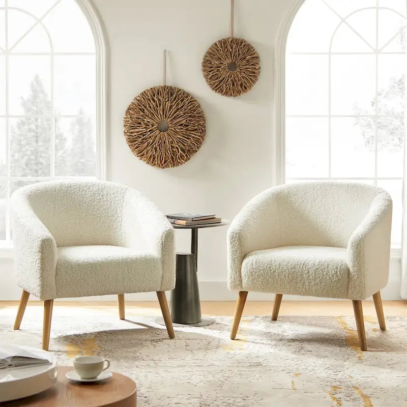 Modern 30W Boucle Armchair with Solid Wood Legs Set of 2