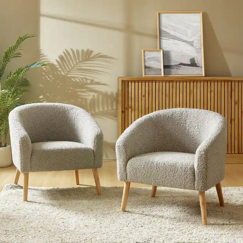 Modern 30W Boucle Armchair with Solid Wood Legs Set of 2
