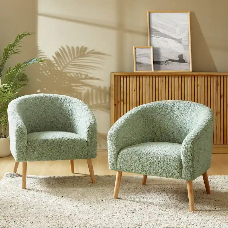 Modern 30W Boucle Armchair with Solid Wood Legs Set of 2