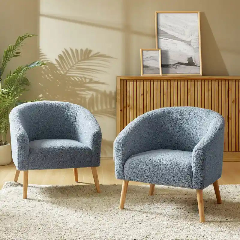 Modern 30W Boucle Armchair with Solid Wood Legs Set of 2