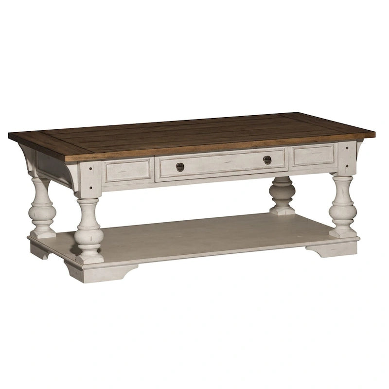 Antique White Wire Brushed Tobacco Accents Cocktail Table