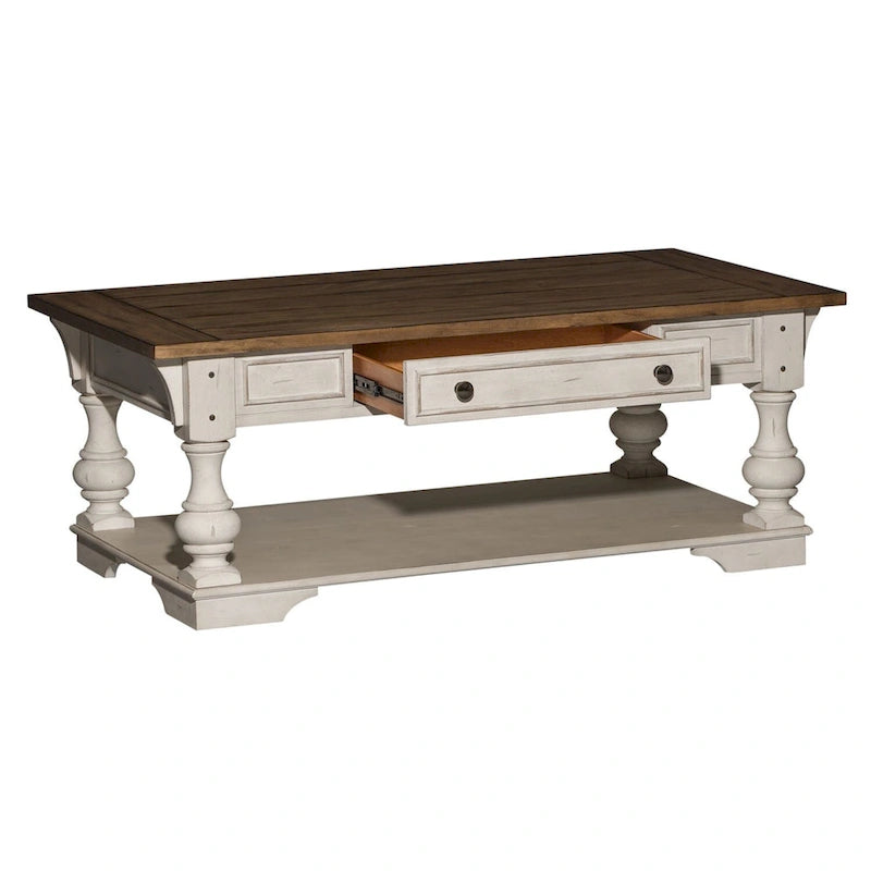 Antique White Wire Brushed Tobacco Accents Cocktail Table
