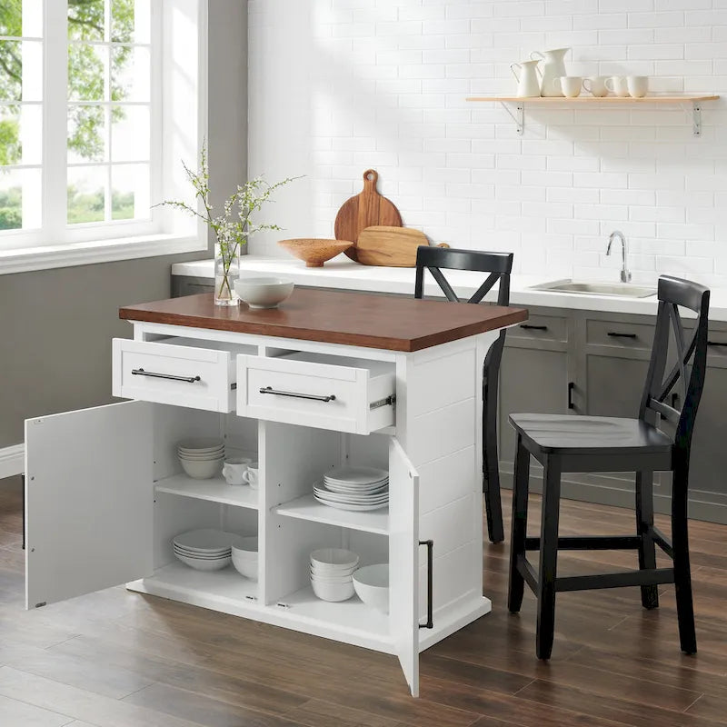 Wood Top Kitchen Island W/X-Back Stools