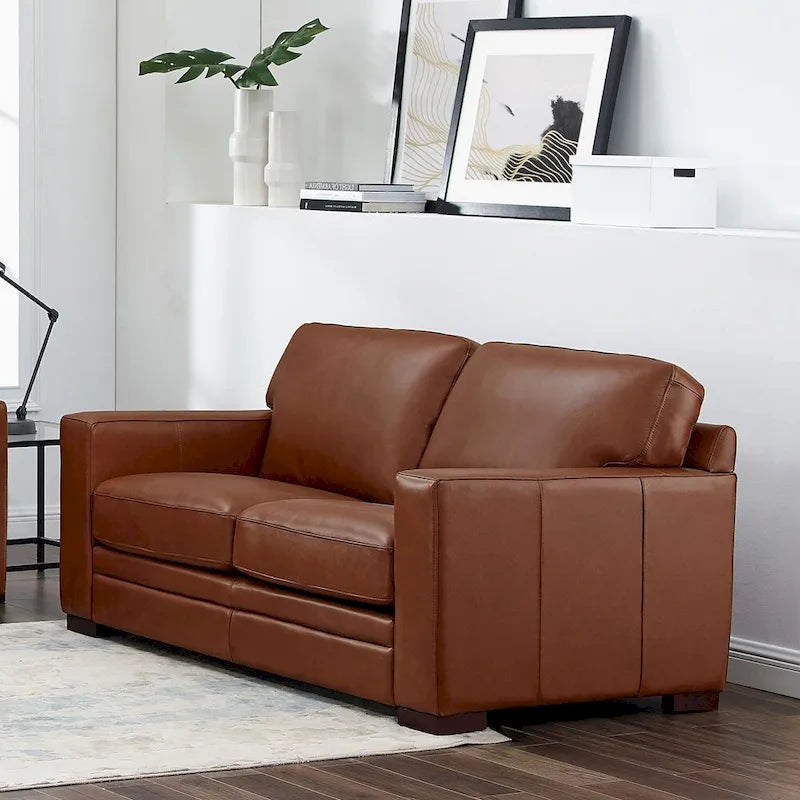 Top Grain Leather Loveseat With Feather, Memory Foam and Springs