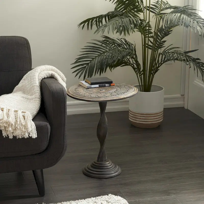 Mango Wood Floral Intricately Carved Side End Accent Table with Spiral Leg and Gray Distressing - Brown