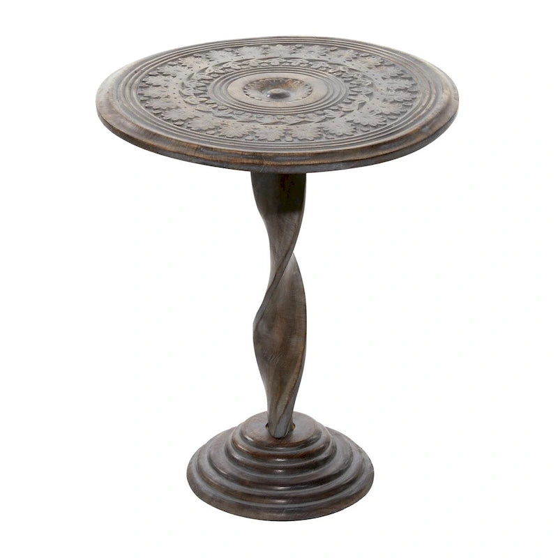 Mango Wood Floral Intricately Carved Side End Accent Table with Spiral Leg and Gray Distressing - Brown