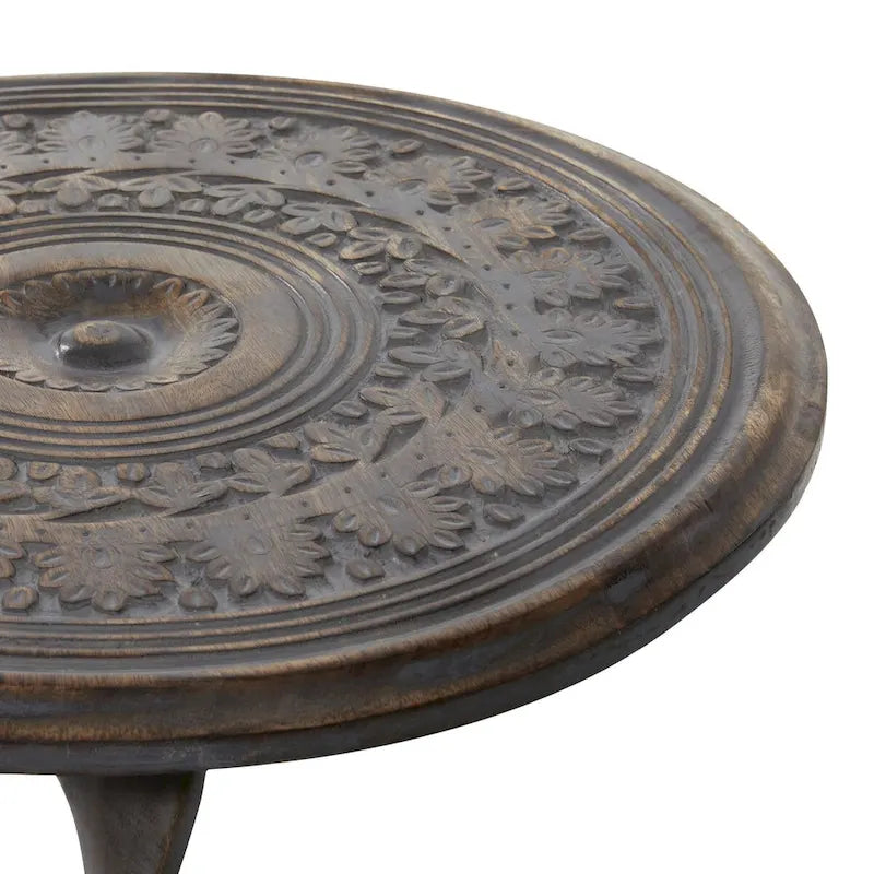 Mango Wood Floral Intricately Carved Side End Accent Table with Spiral Leg and Gray Distressing - Brown
