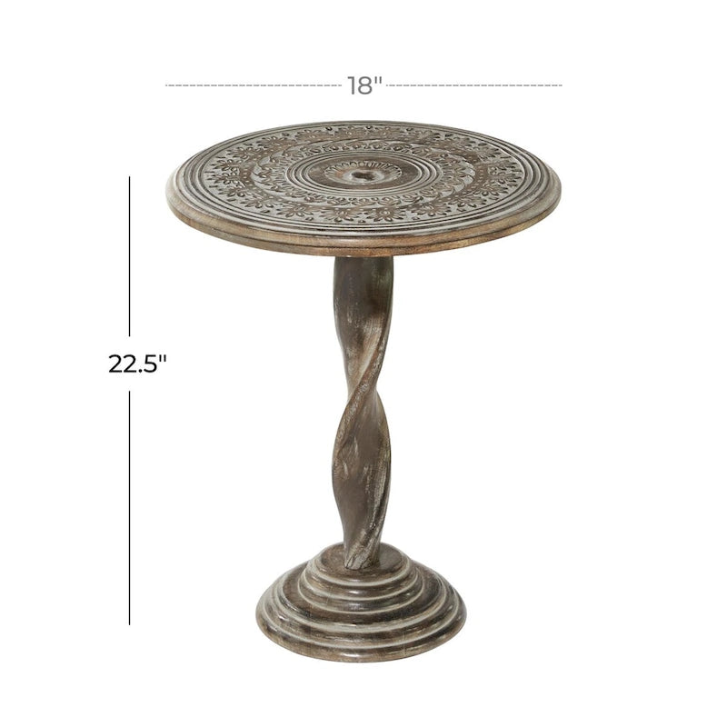 Mango Wood Floral Intricately Carved Side End Accent Table with Spiral Leg and Gray Distressing - Brown